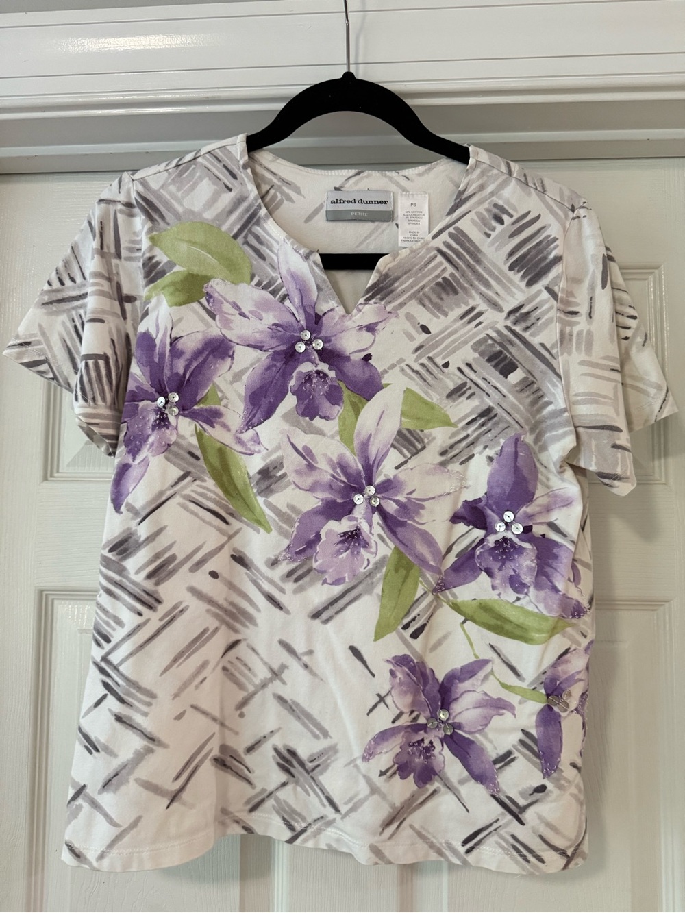 Alfred Dunner Petite White Short-Sleeve Top with Purple Floral Accents